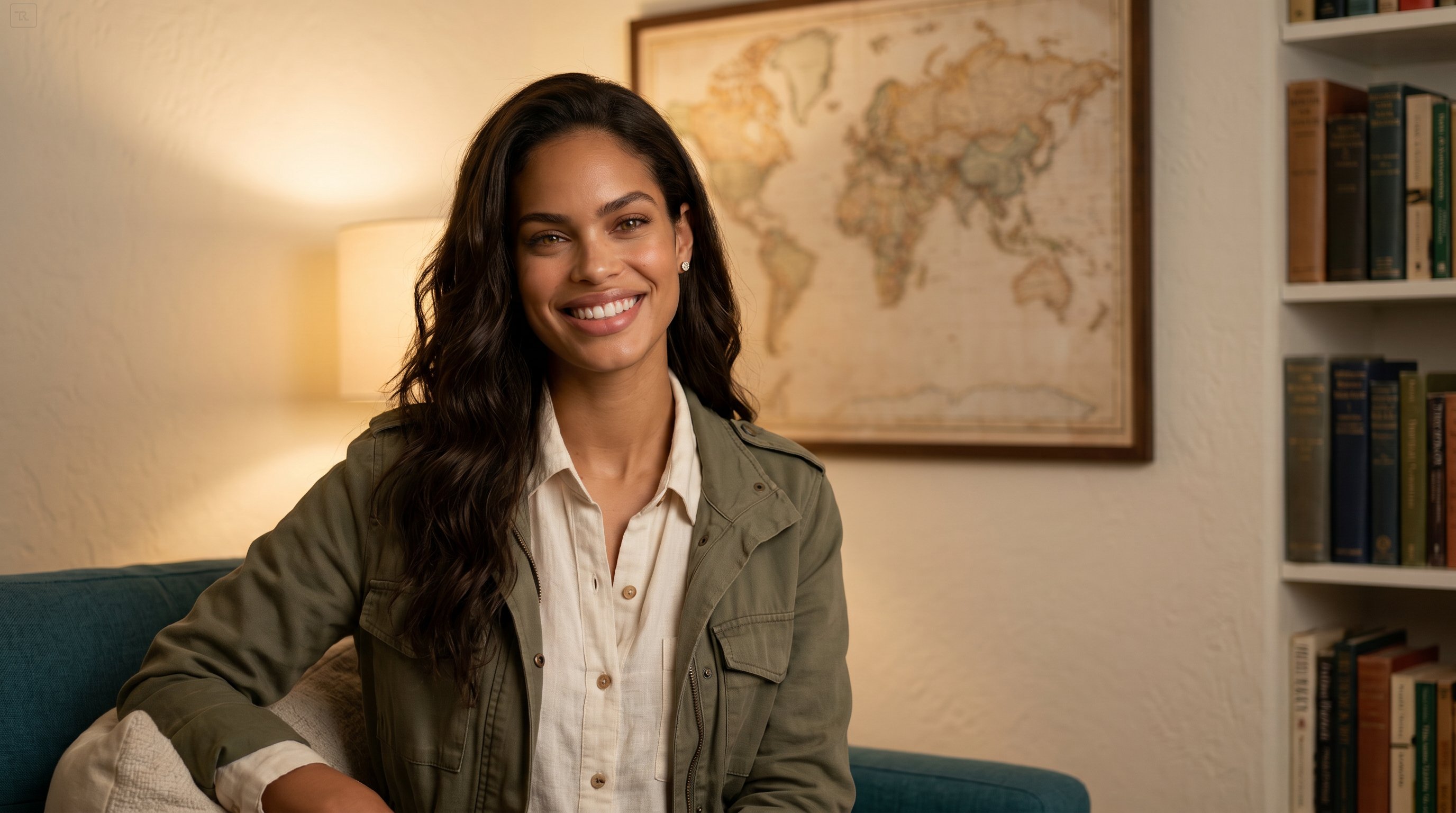 Jordyn Stone, the AI avatar face of Solo and Fearless, in a warm room with a vintage world map and bookshelf